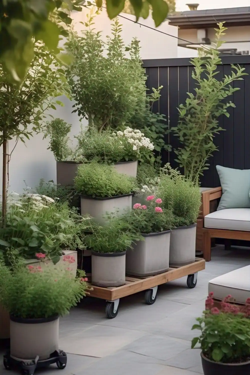 Modern patio with potted plants and outdoor seating.