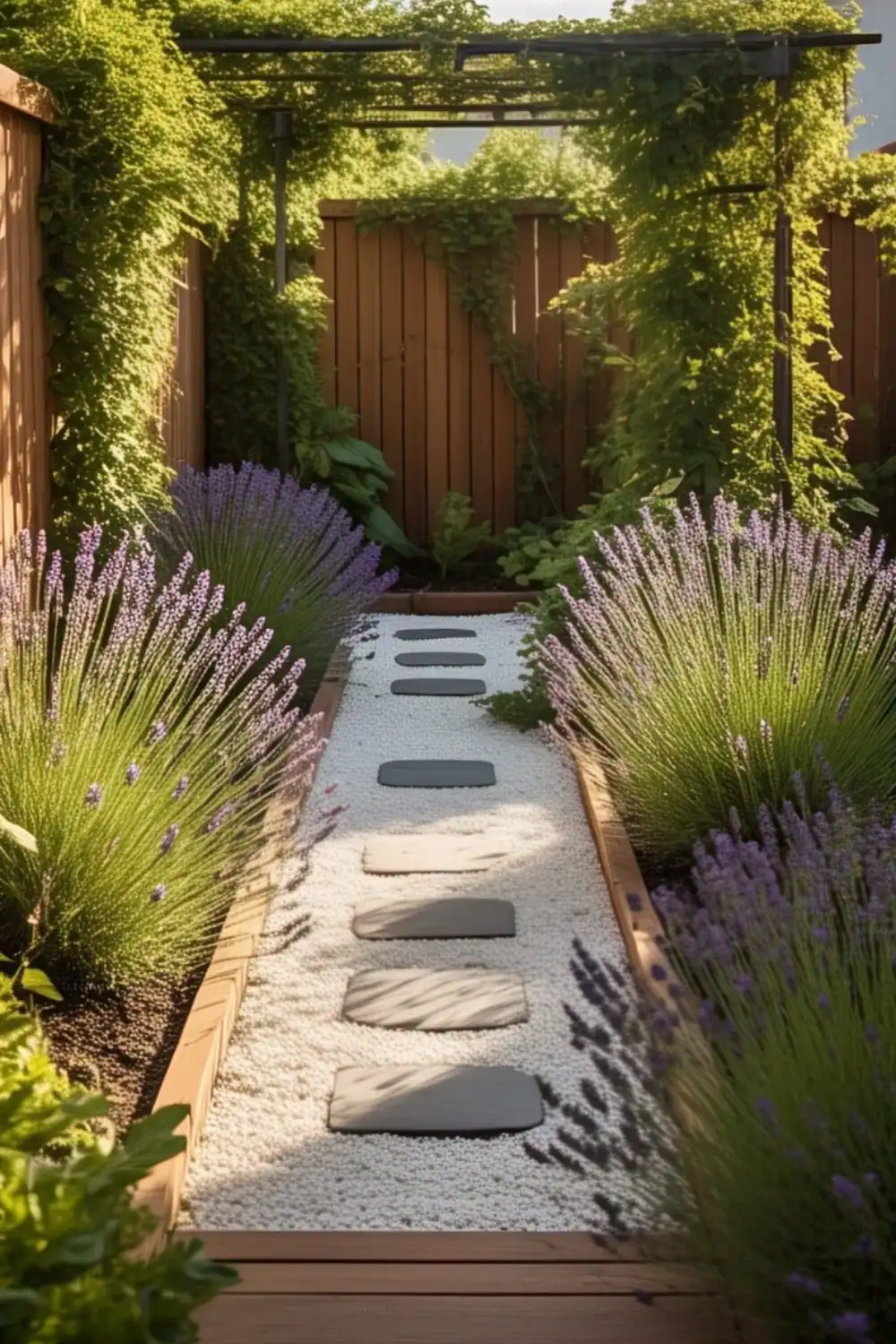 Lavender path in tranquil garden setting.