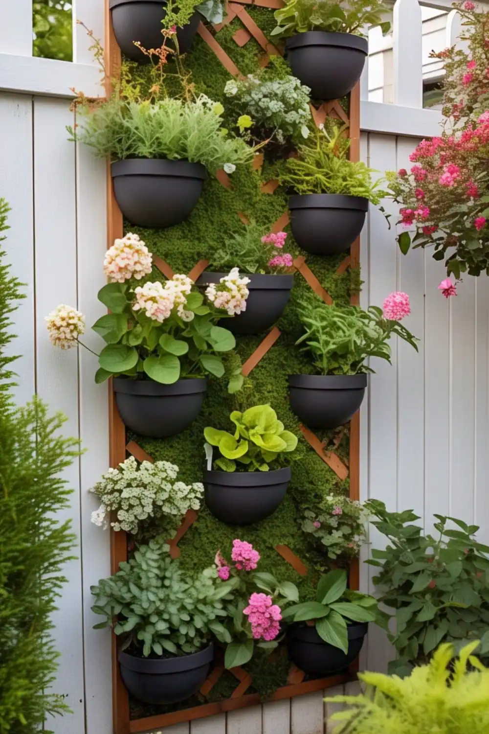 Vertical garden with various potted flowers and plants.