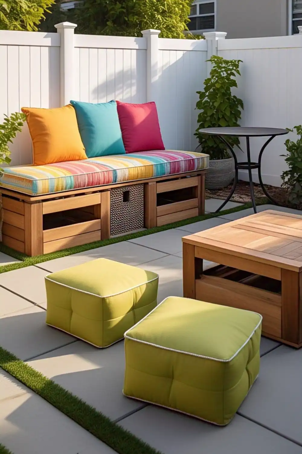 Colorful patio seating with cushions, table around garden