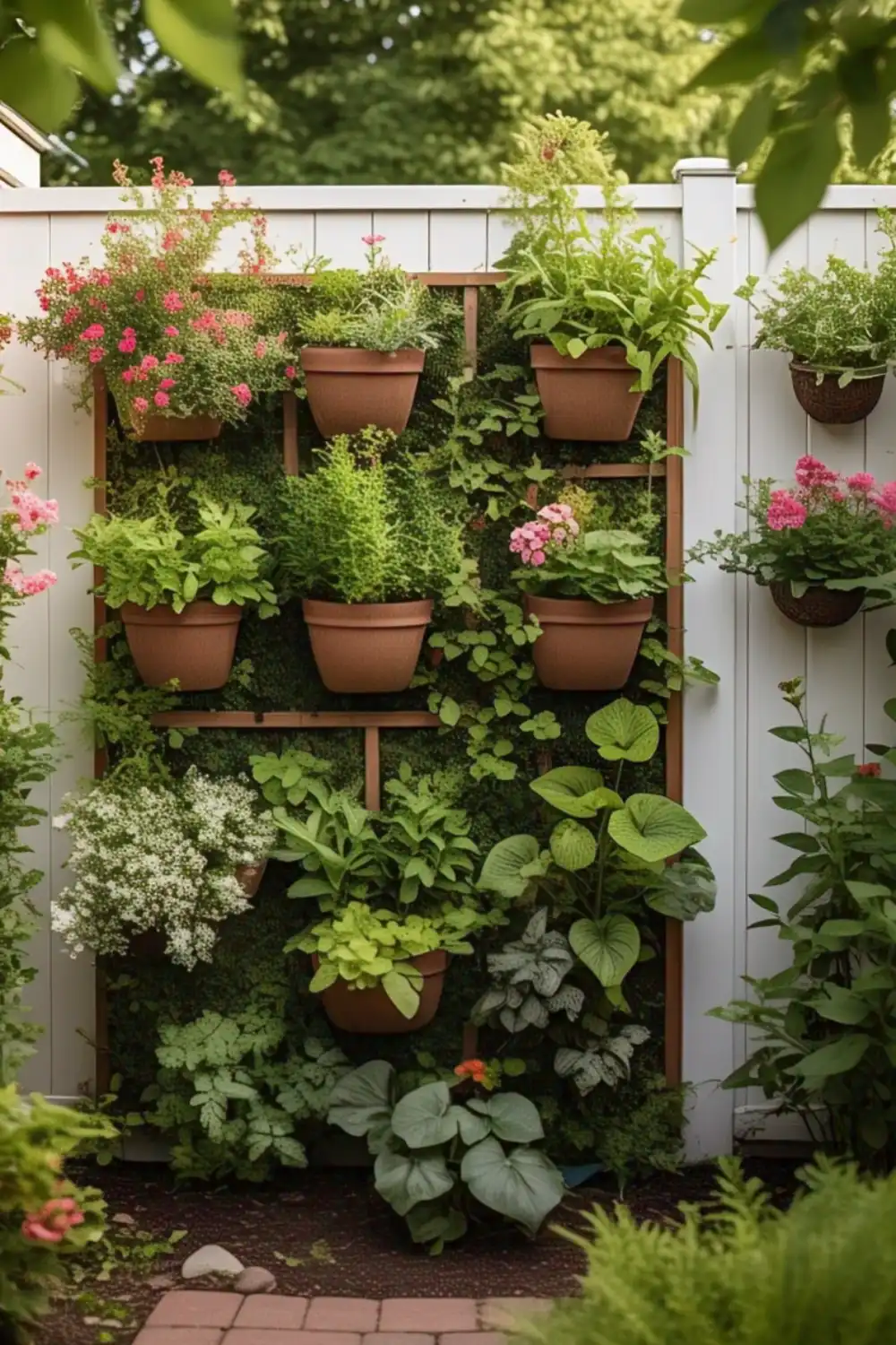 Vertical garden with various colorful potted plants.