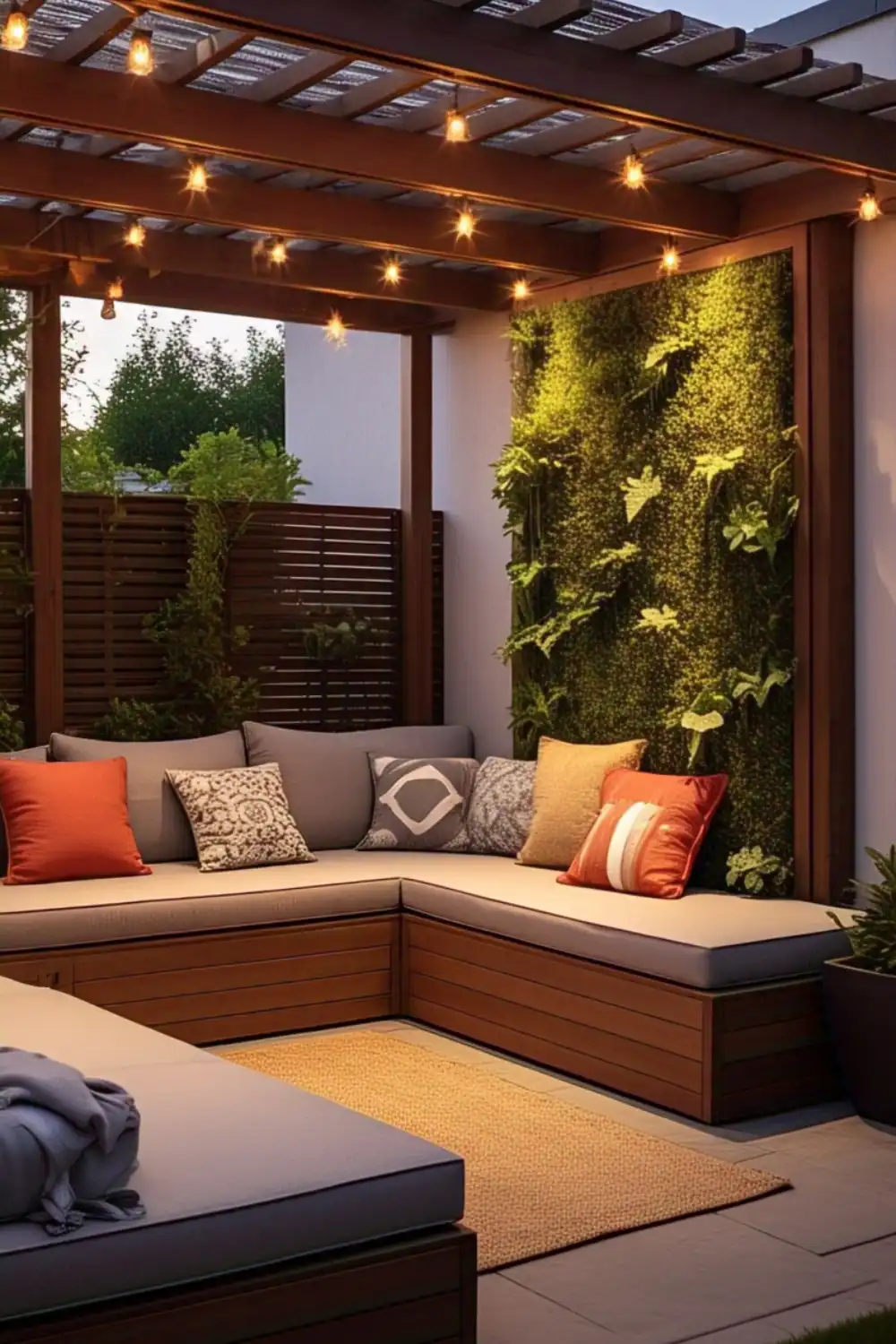 Cozy patio with string lights and vertical garden