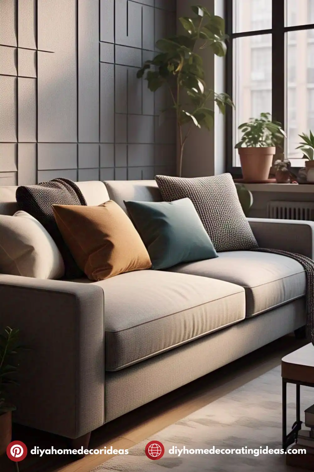 Modern living room with a cozy gray sofa.