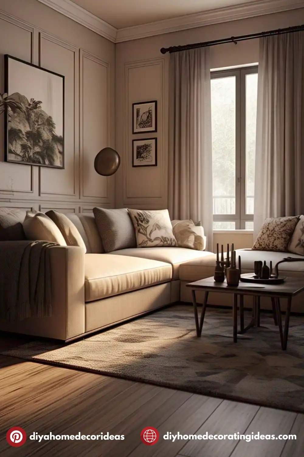 Cozy living room with beige sofa and decor.