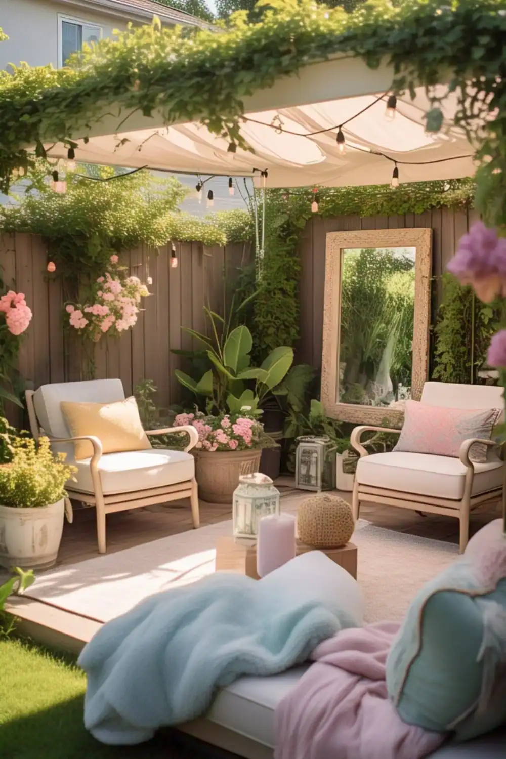Cozy garden patio with chairs and flowers