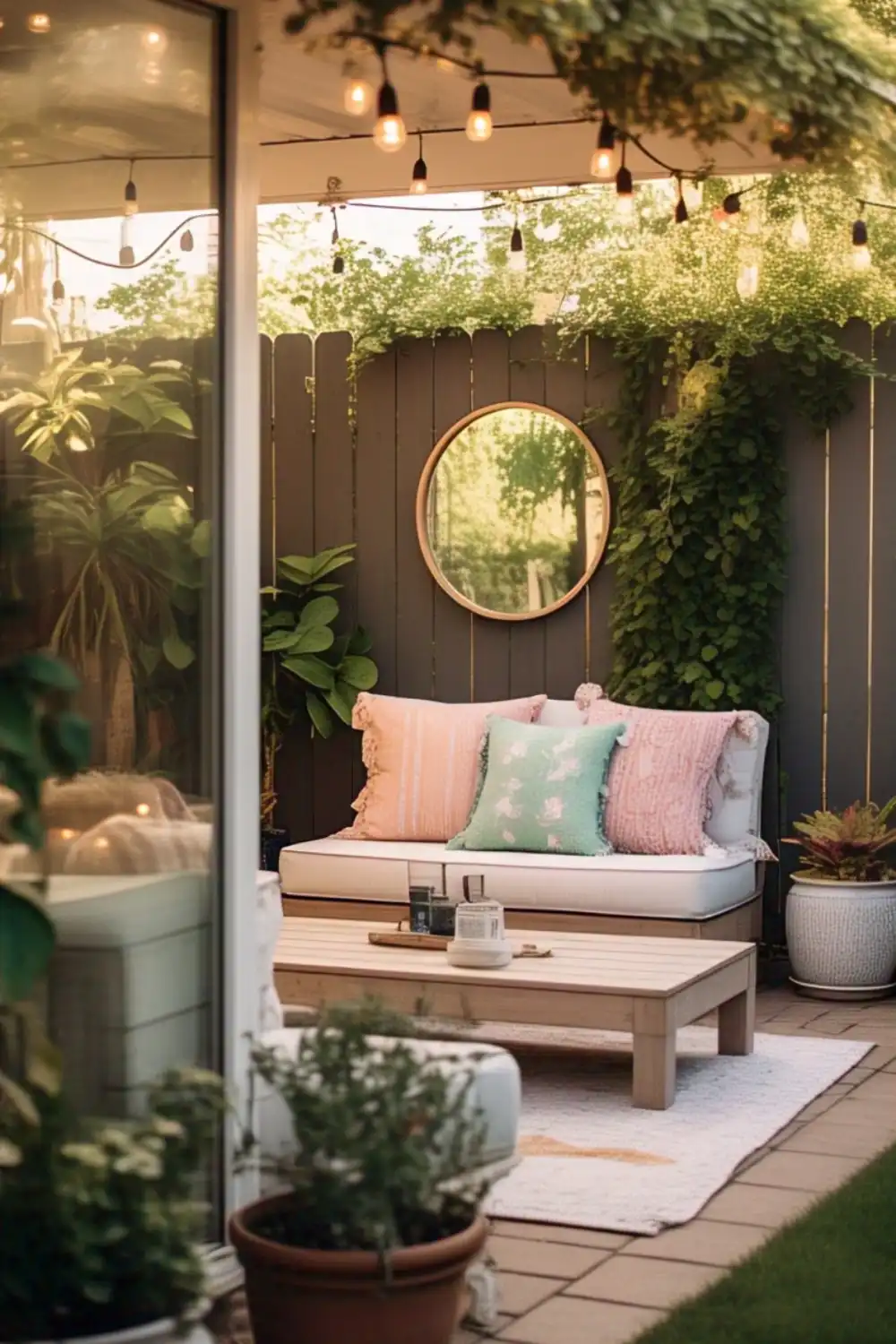 Cozy patio with string lights and plants.