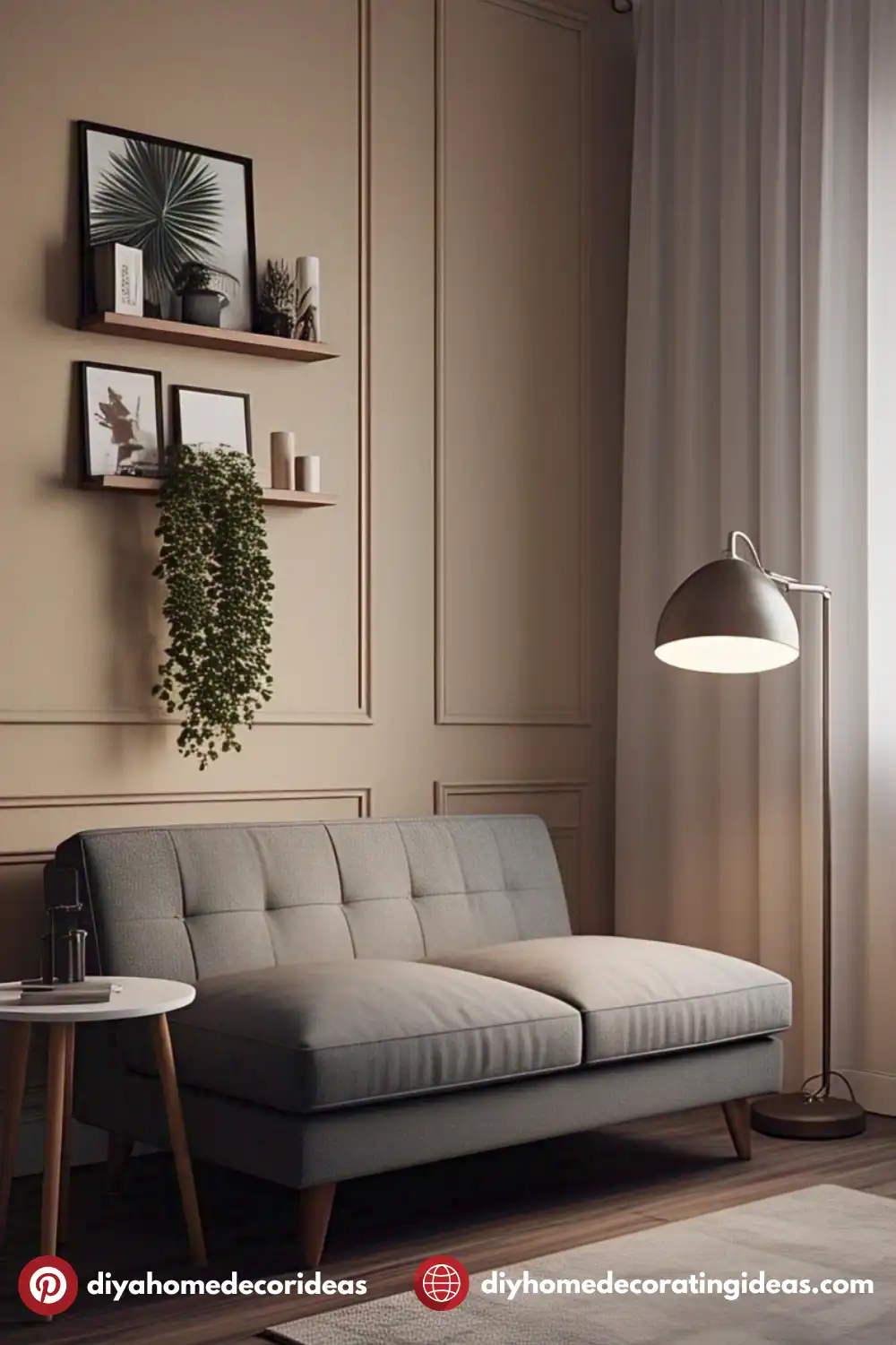 Minimalist living room with sofa and wall decor.