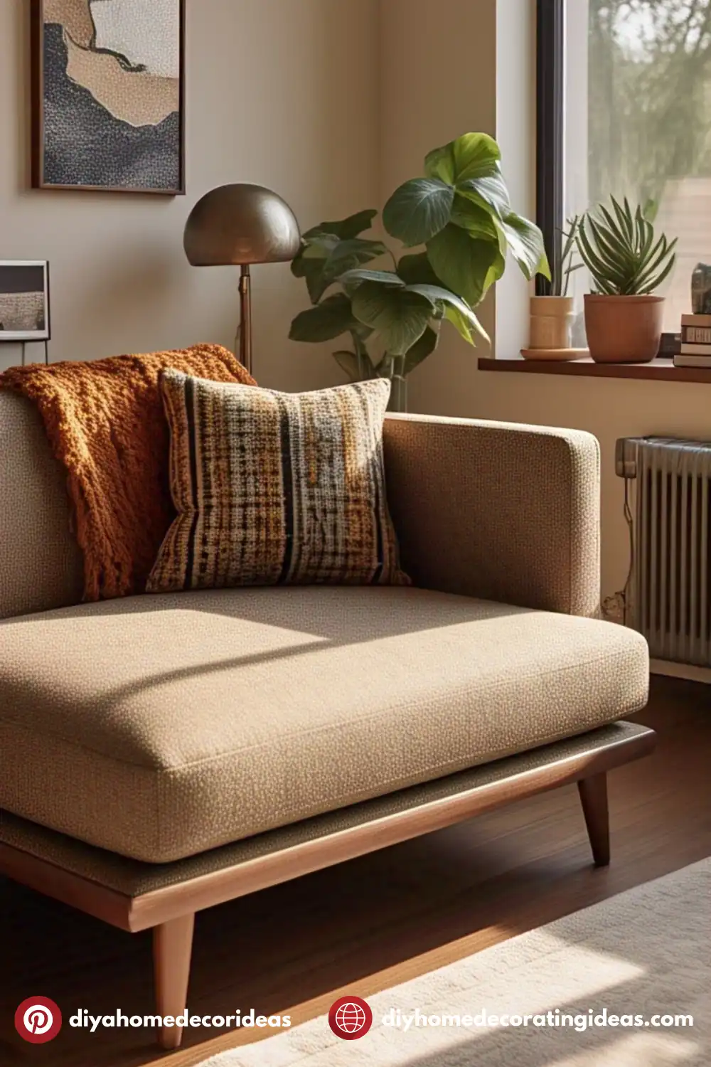 Cozy living room with plants and armchair.