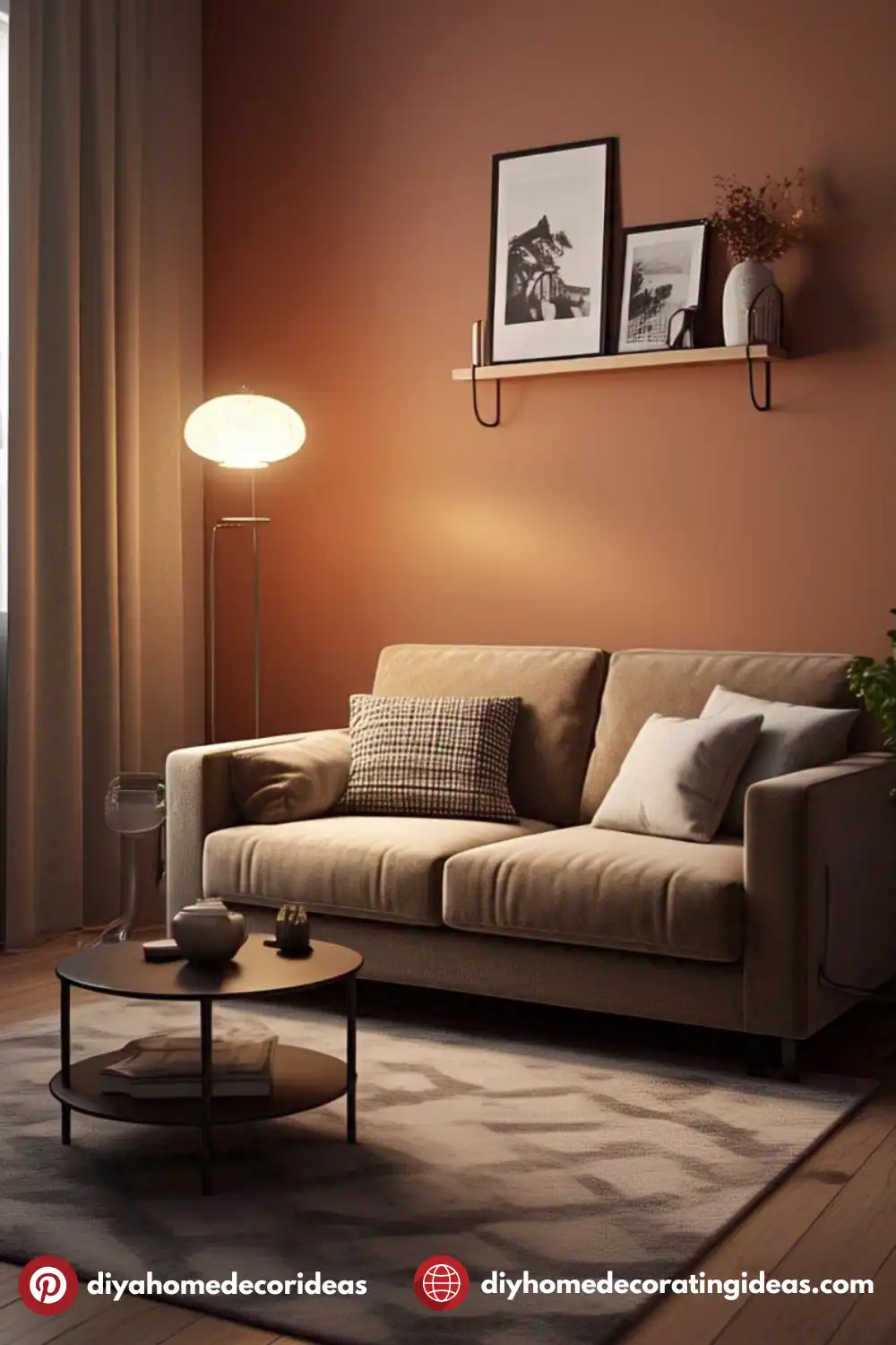 Cozy living room with beige sofa and decor.