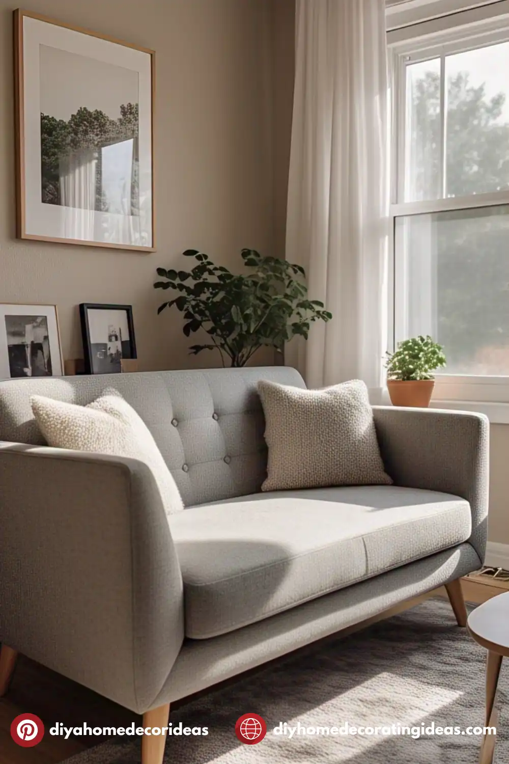 Cozy living room with grey sofa and decor.