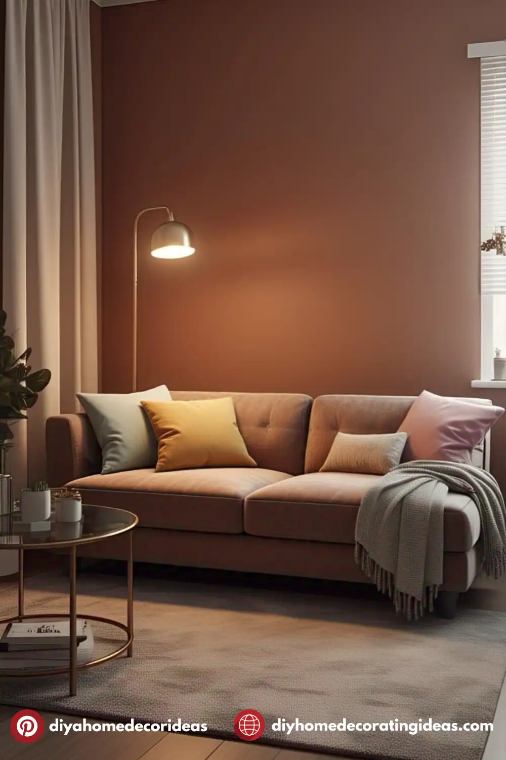 Cozy living room with sofa, pillows, and lamp.
