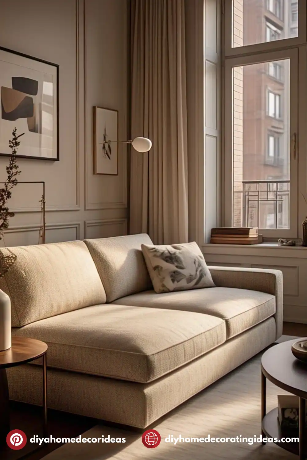Cozy living room with beige sofa and decor