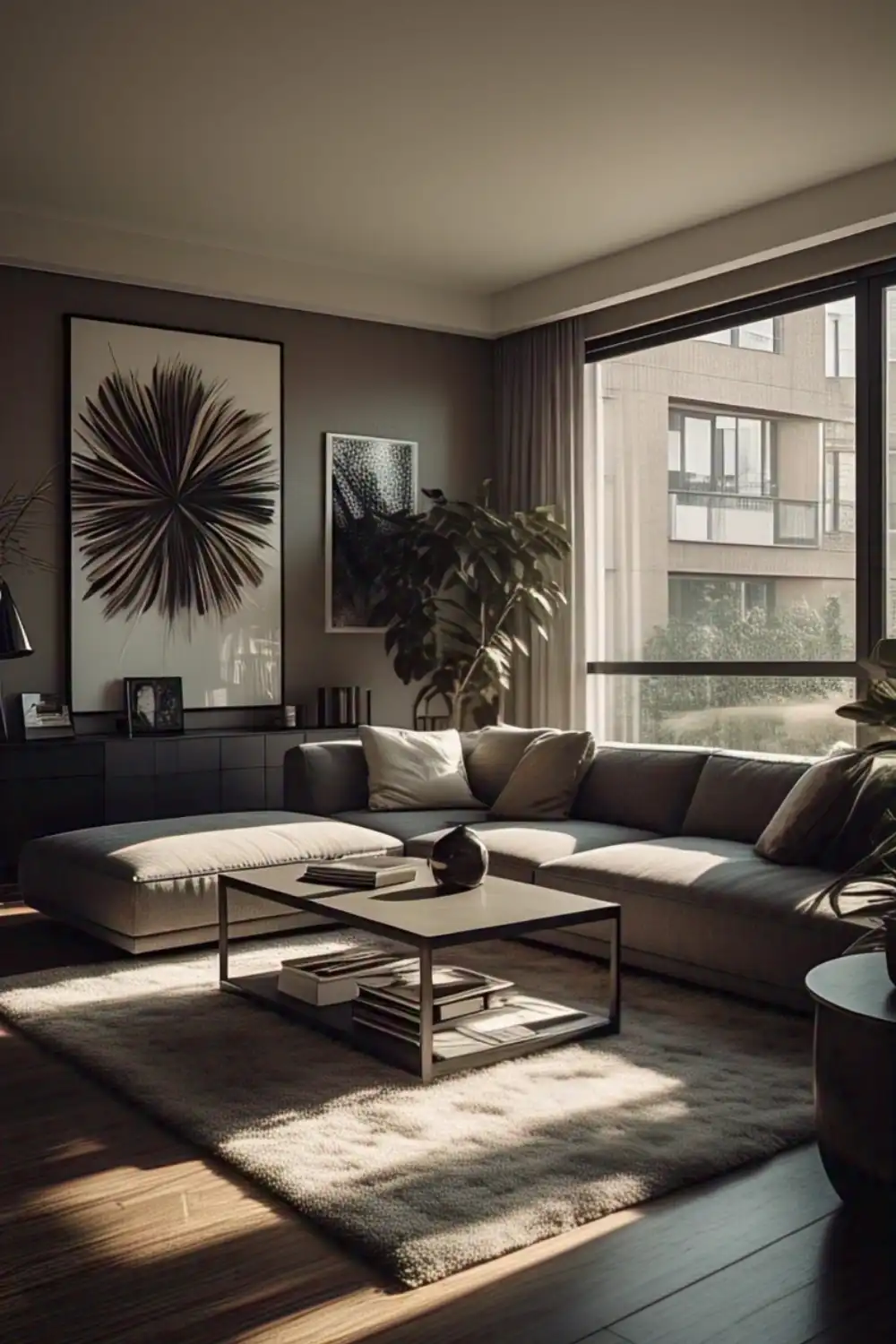 Wabi Sabi living room Modern living room with large window and art