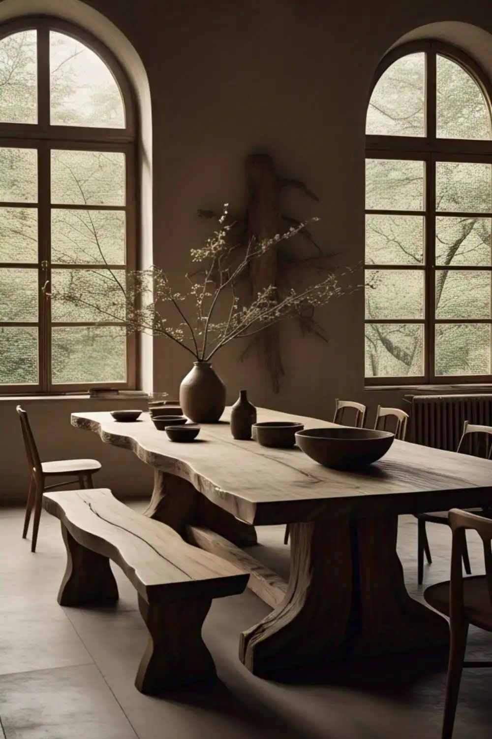 Wabi Sabi Table Rustic dining room with wooden furniture and windows.