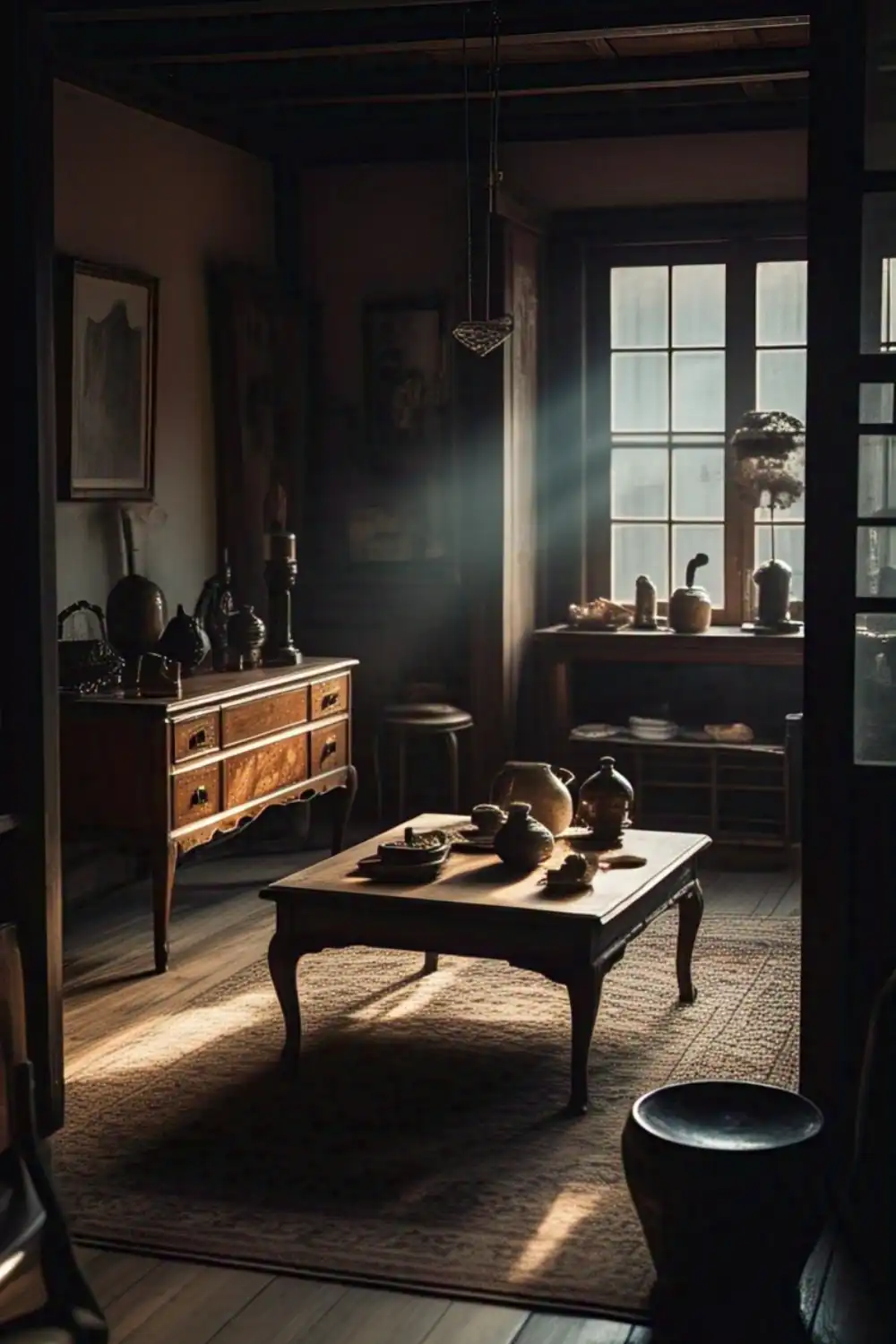 Sunlit rustic room with wooden furniture.