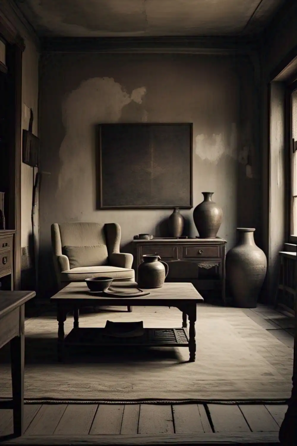 Wabi Sabi living room Moody, vintage living room with armchair and vases.