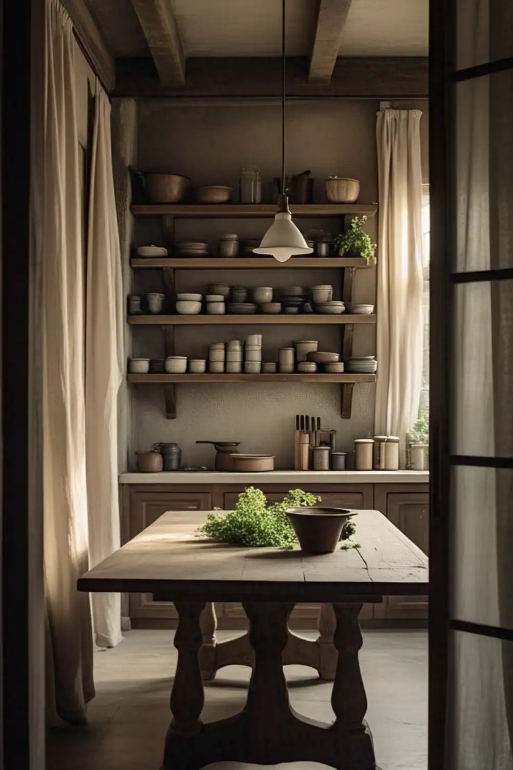 Wabi Sabi Table Cozy kitchen with wooden shelves and table.
