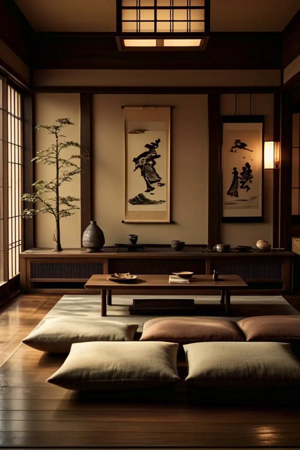 Wabi Sabi living room Traditional Japanese room with cushions and wall art.