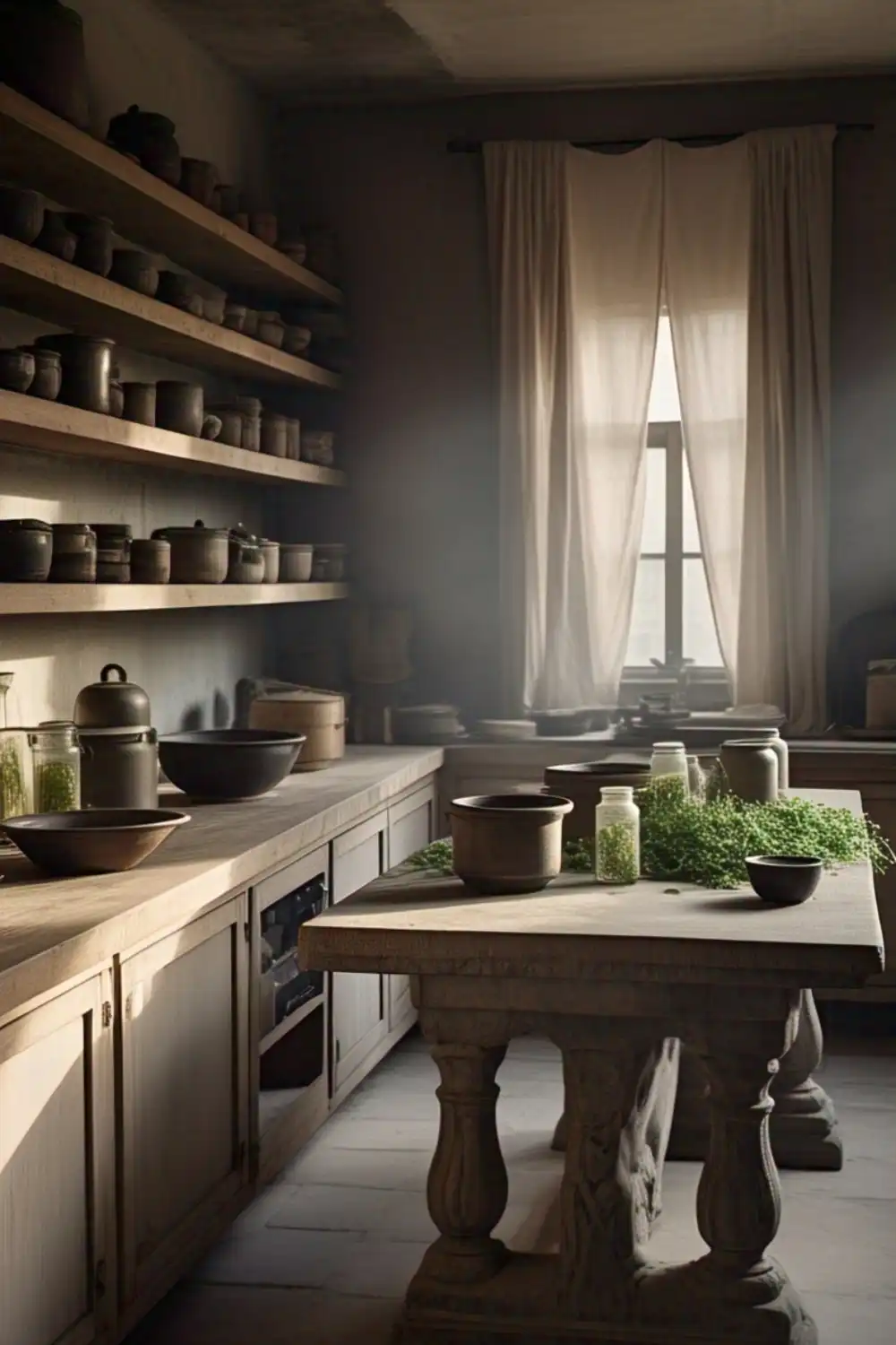Wabi Sabi Table Rustic kitchen with wooden shelves and countertops.