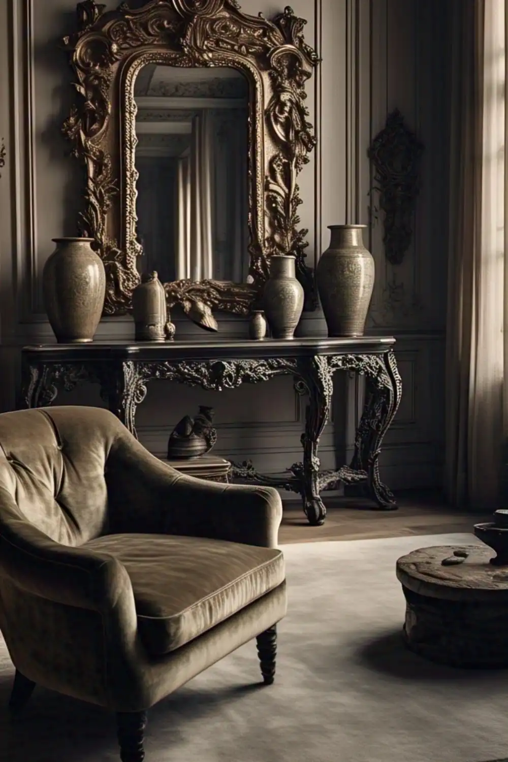 Wabi Sabi living room Elegant room with ornate mirror and vintage furniture.