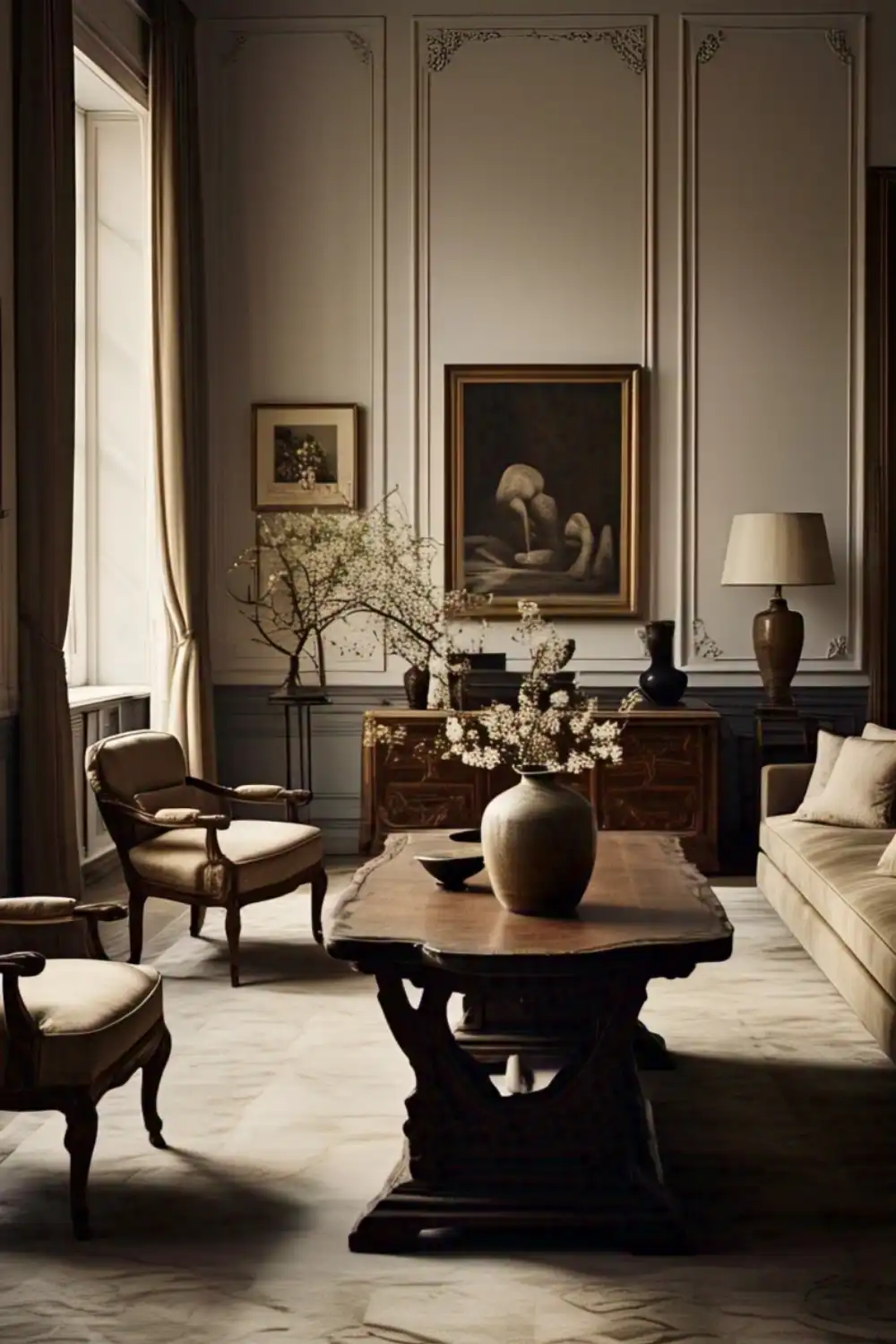 Wabi Sabi living room Elegant living room with classic furniture and artwork.