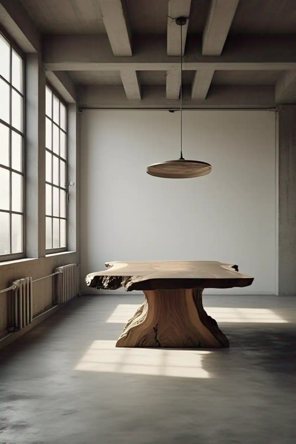 Wabi Sabi Table Minimalist room with wooden table and pendant light.