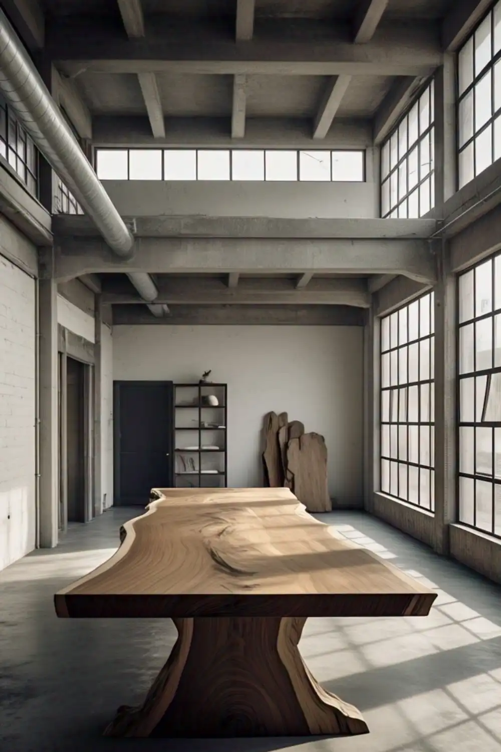 Wabi Sabi Table Spacious industrial loft with large wooden table.