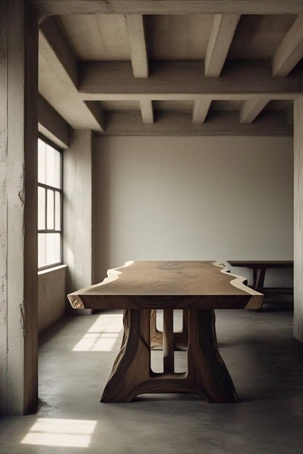 Wabi Sabi Table Modern wooden table in sunlit minimalist room.