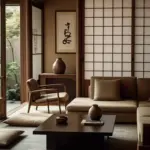 Wabi Sabi living room Japanese-style living room with shoji screens and cushions.