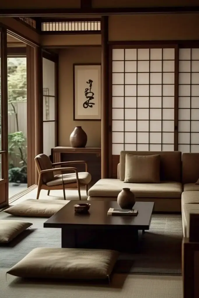 Wabi Sabi living room Japanese-style living room with shoji screens and cushions.