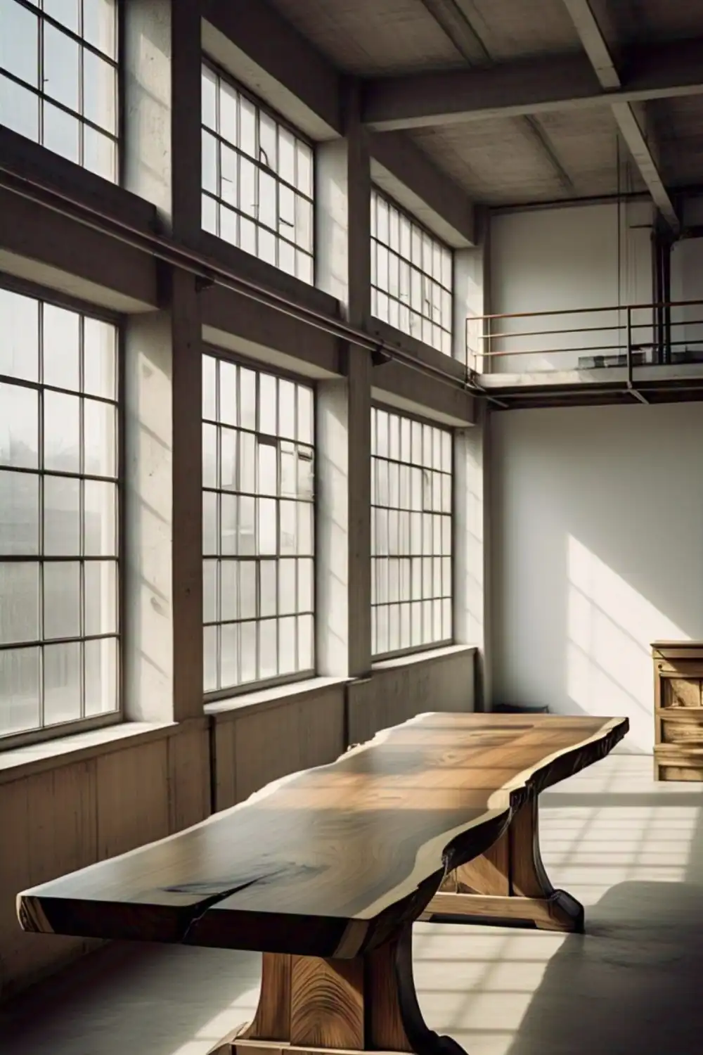 Wabi Sabi Table Sunlit loft with large windows and wooden table.