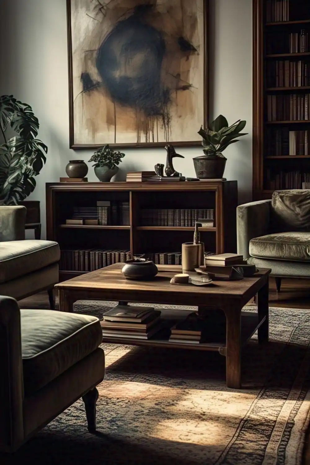 Wabi Sabi living room Cozy living room with art and bookshelves.