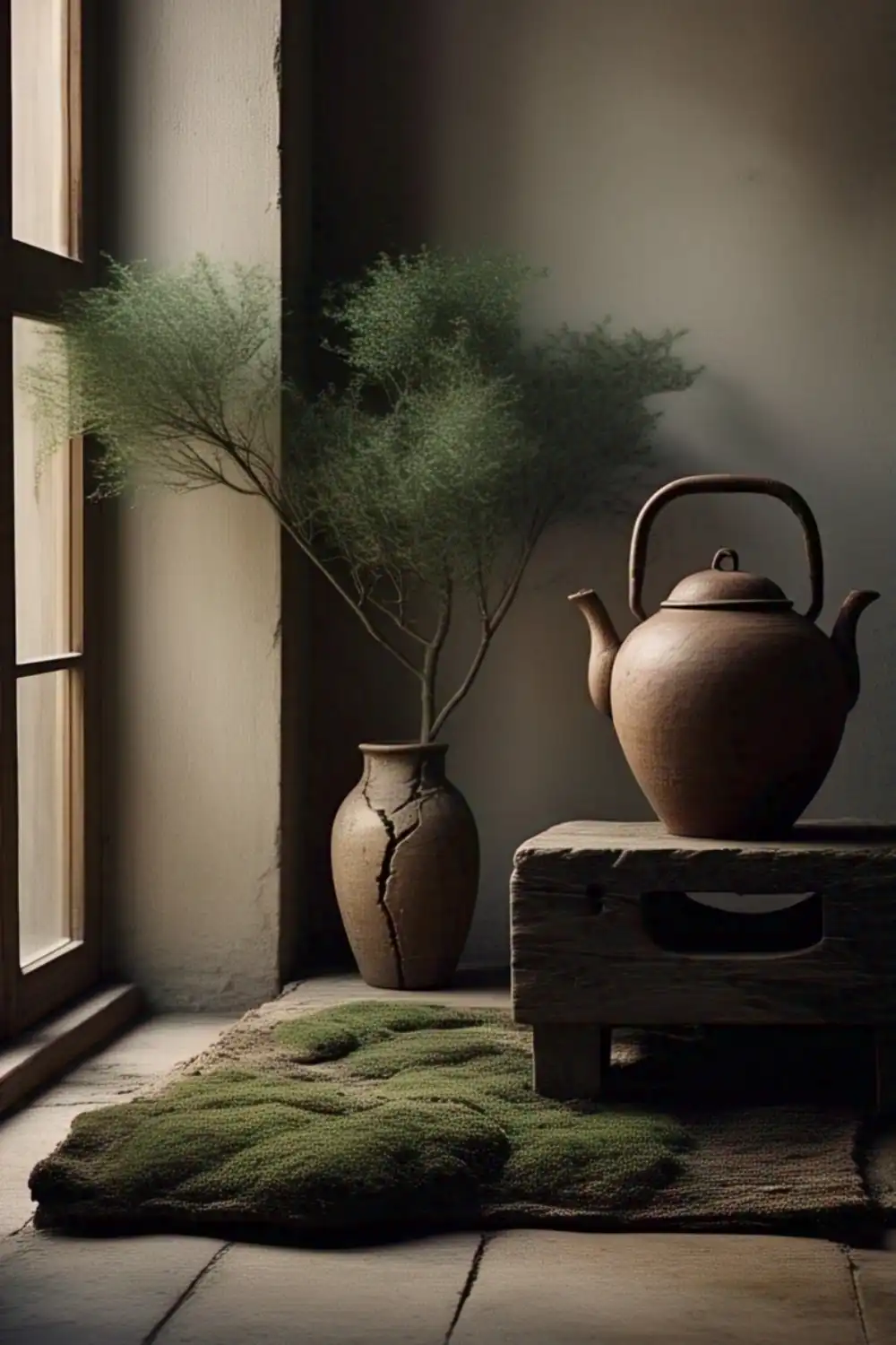 Wabi Sabi living room  Clay teapot and vase by a window