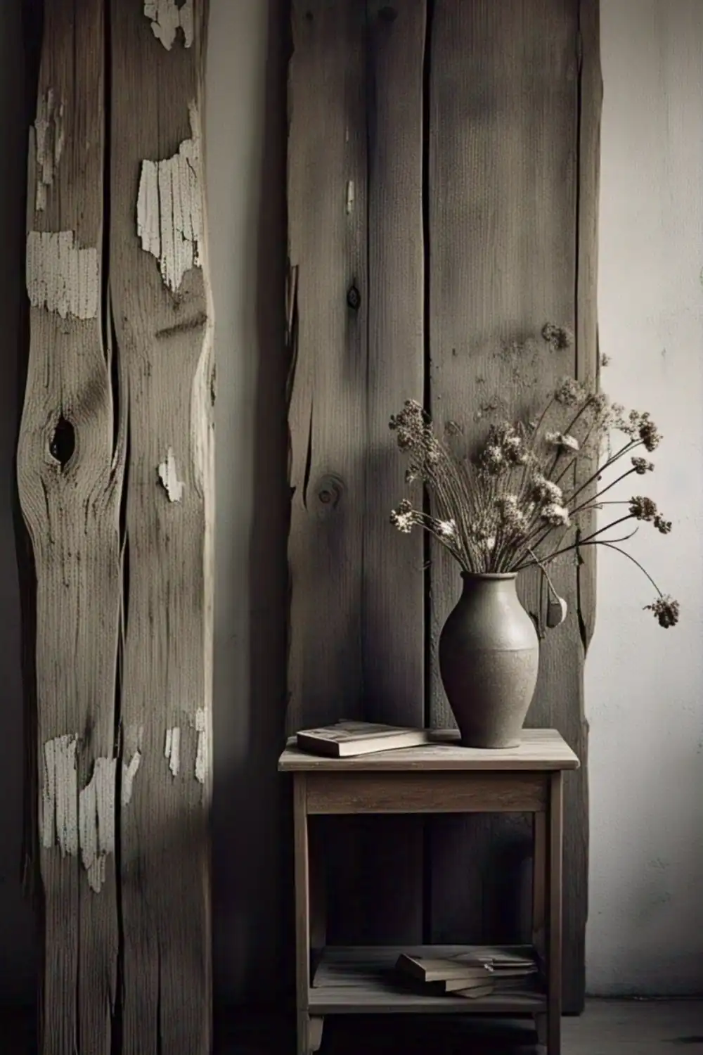 Wabi Sabi Table Rustic vase and books on wooden table