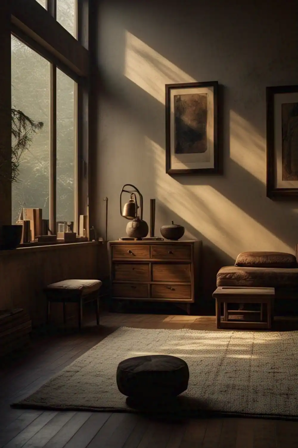 Wabi Sabi living room Cozy rustic living room with sunlit wooden furniture.