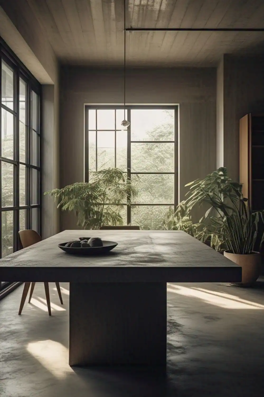 wabi sabi table Modern dining room with plants and large windows.