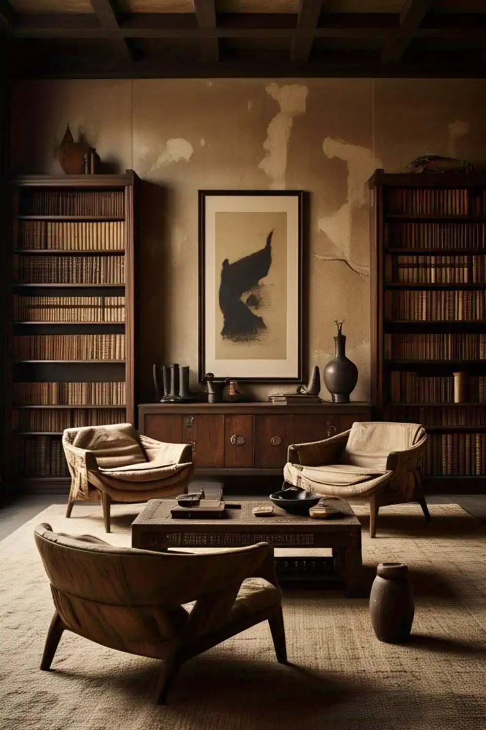 Wabi Sabi living room  Rustic library with chairs and bookshelves
