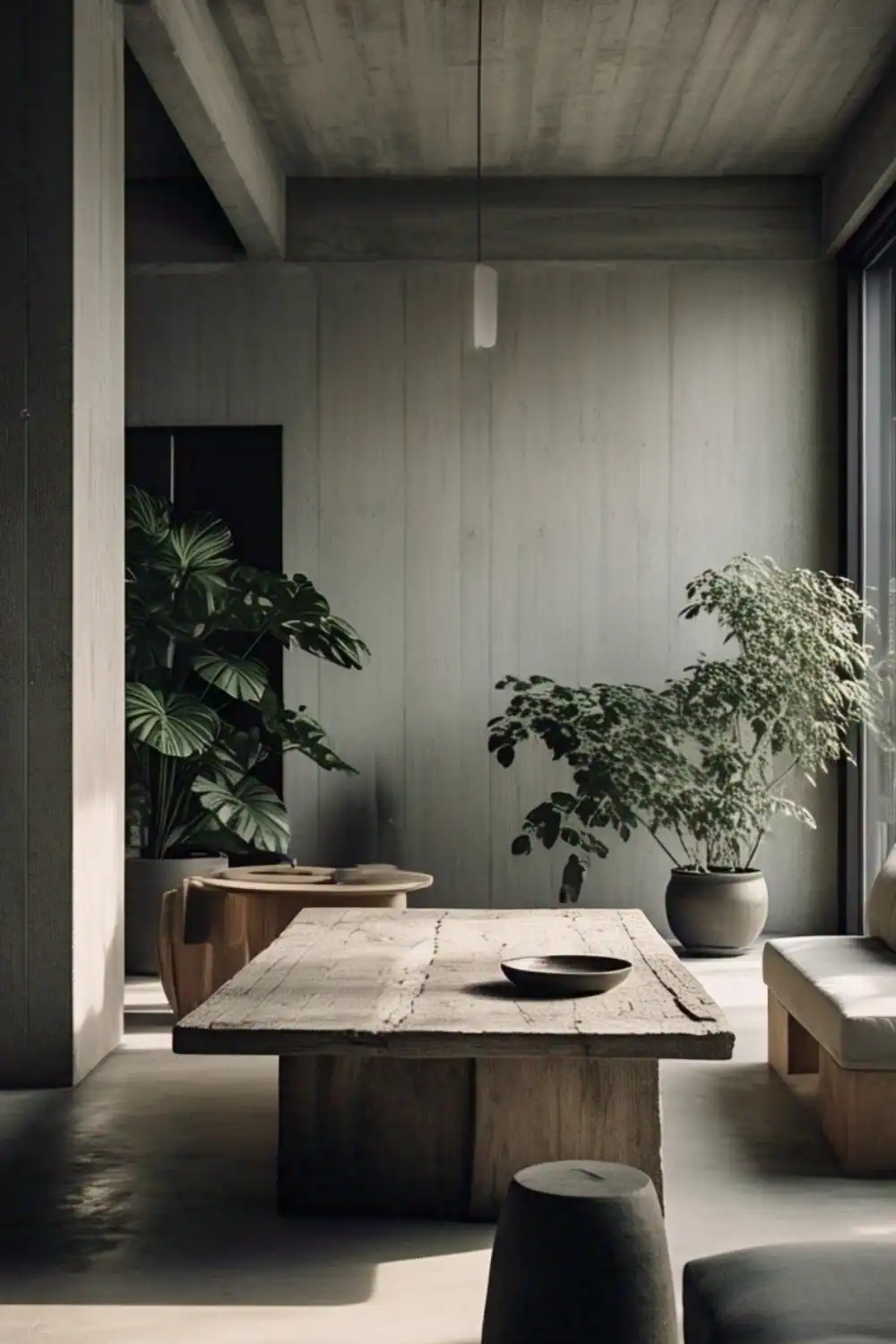 Wabi Sabi Table Modern rustic room with plants and wooden table.
