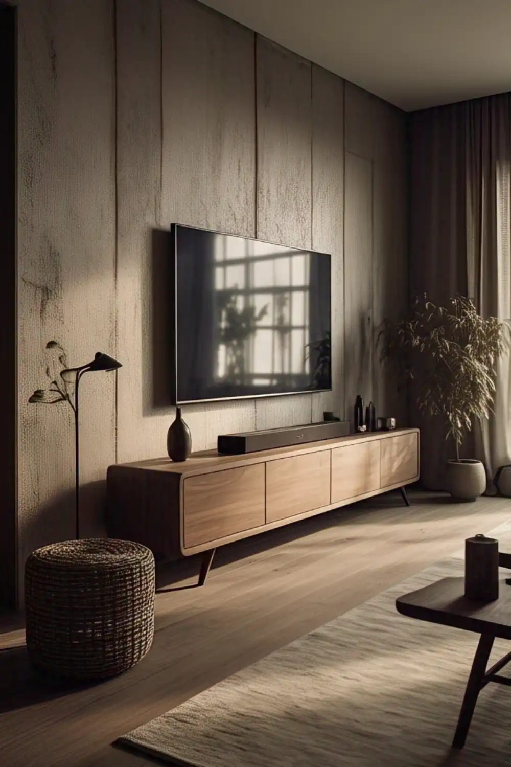 Wabi Sabi living room  Modern living room with TV and wooden furniture.