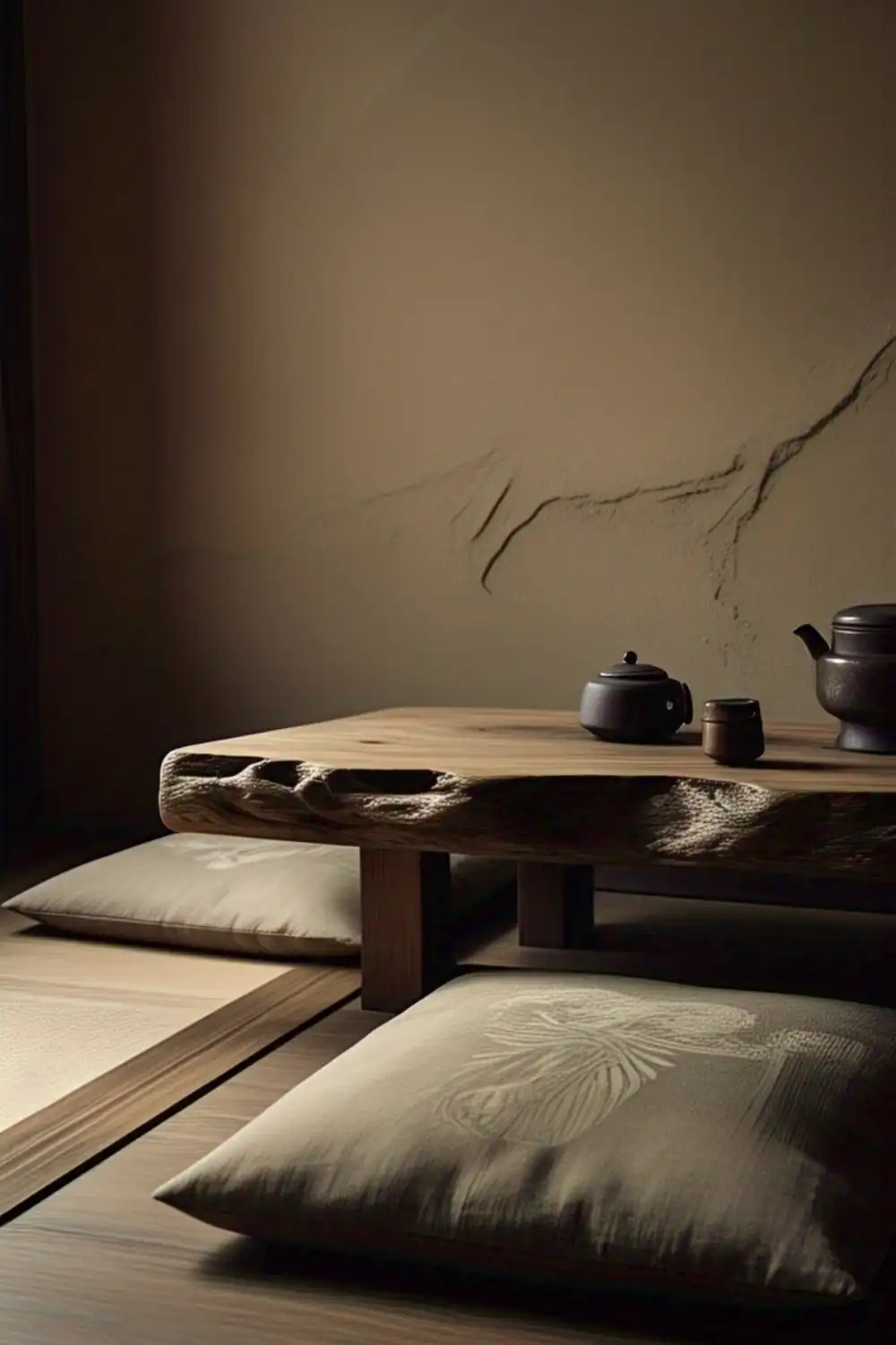 wabi sabi table Minimalist tea room with cushions and wooden table.