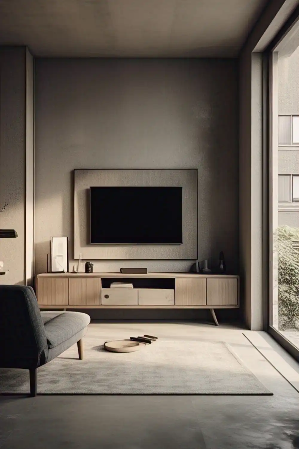 Modern minimalist living room with TV and sunlight.