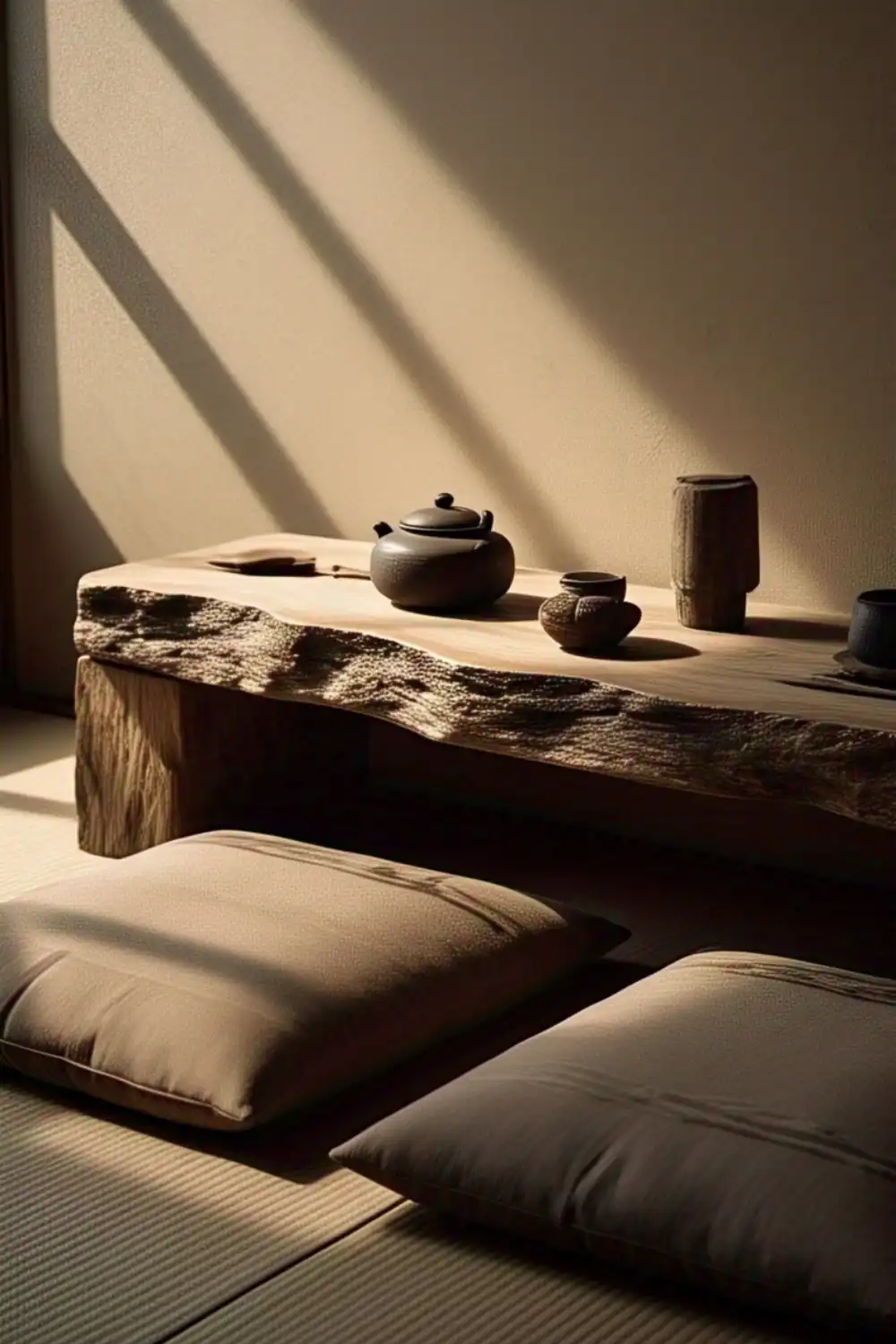 wabi sabi table Minimalist tea set on rustic wooden table.