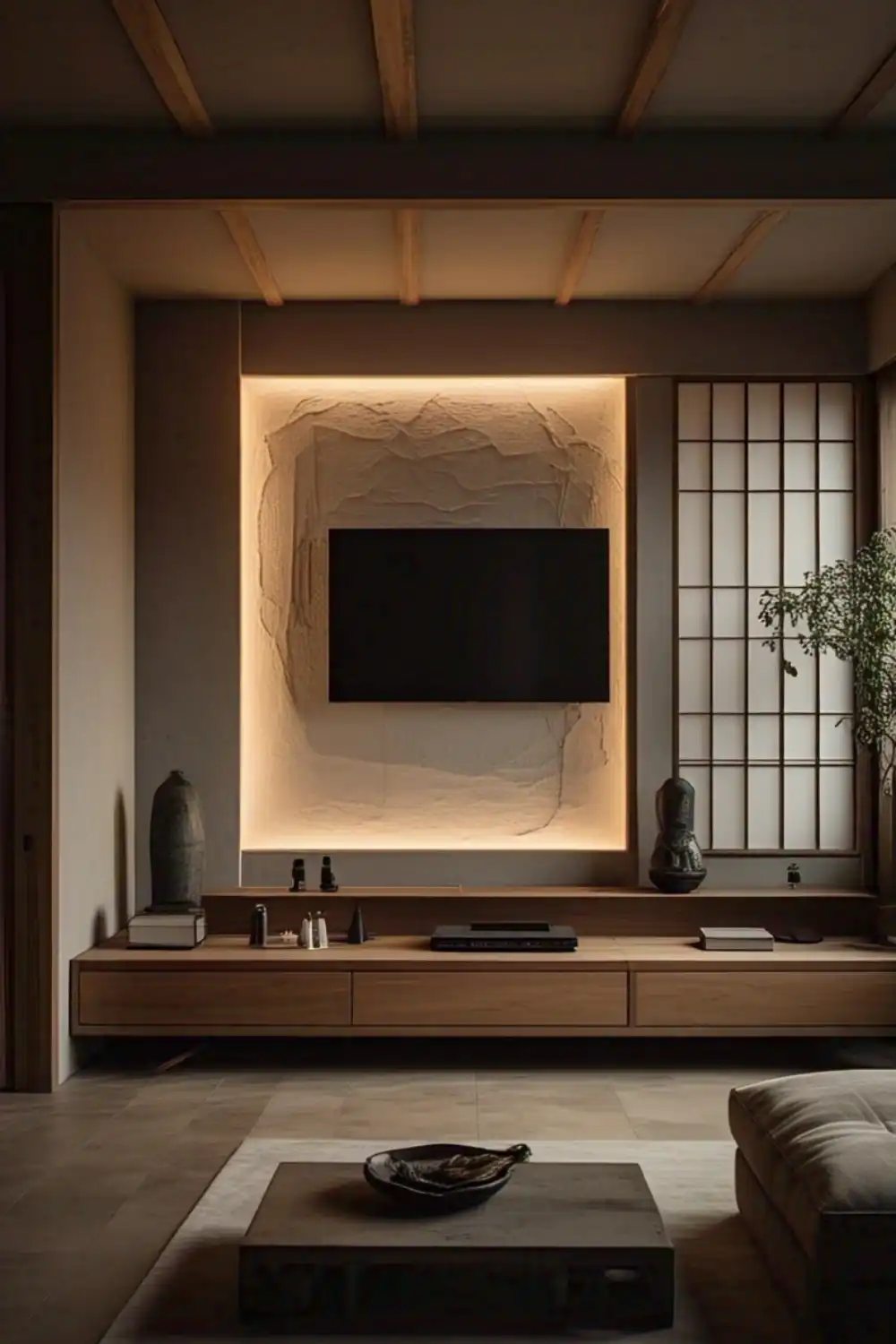 Wabi Sabi living room Minimalist living room with TV and wooden furniture.