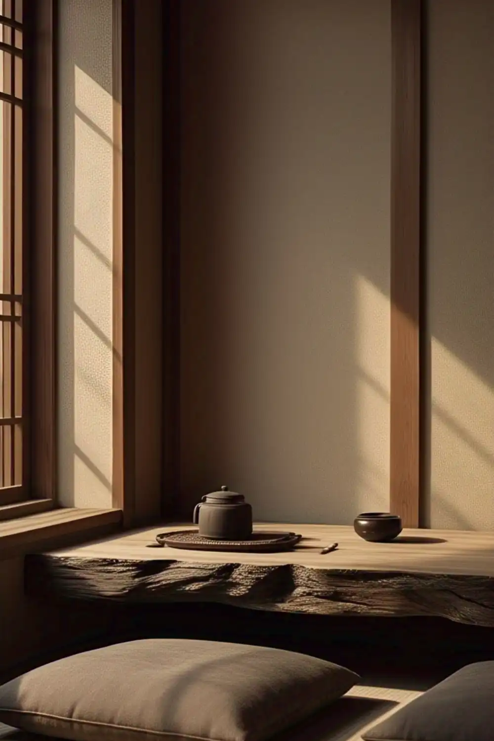 wabi sabi table  Sunlit room with teapot on wooden table.