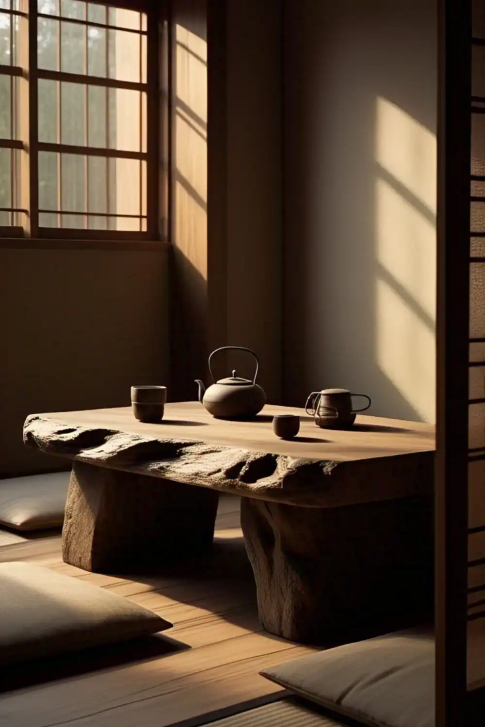 wabi sabi table Traditional Japanese tea room with sunlight.