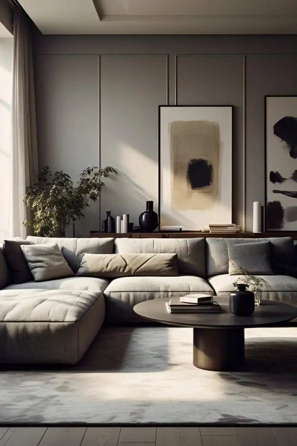 Wabi Sabi living room Modern living room with sofa and abstract art.
