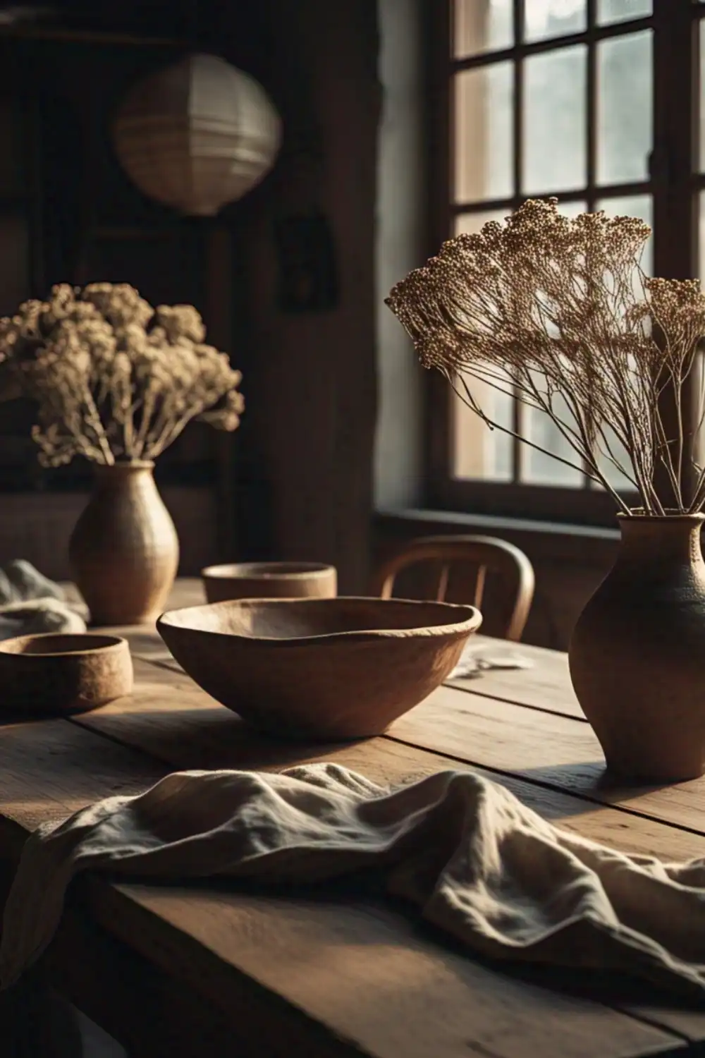 Wabi Sabi Rustic table with wooden bowls and dried flowers.