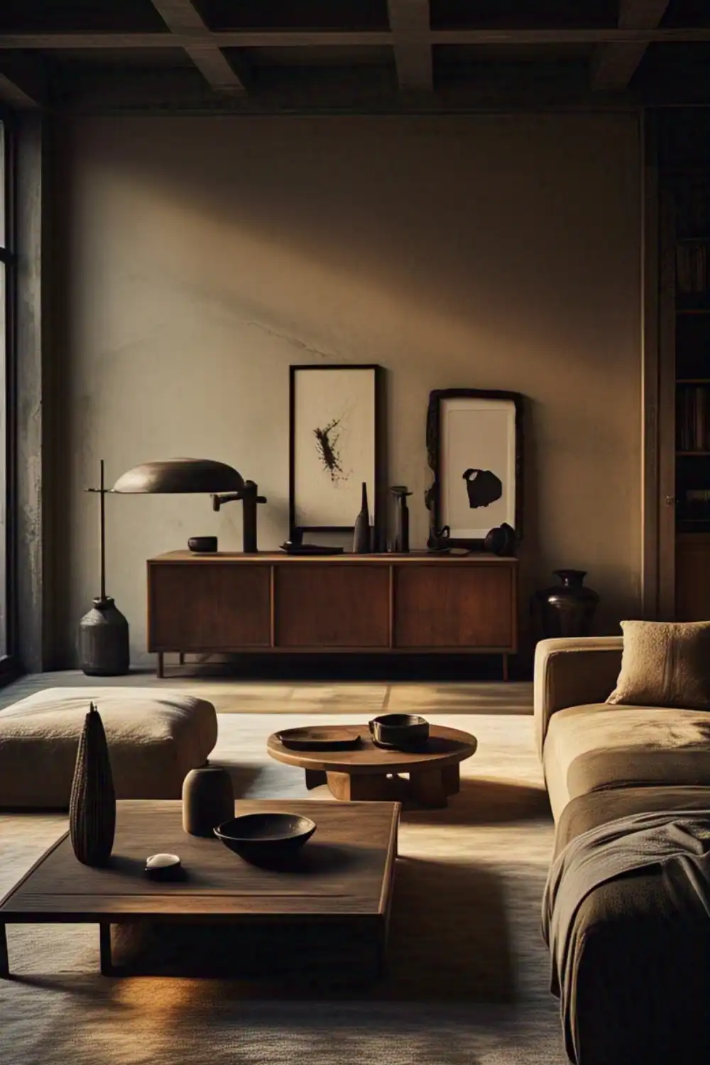 Wabi Sabi living room Minimalist living room with earthy tones and art.