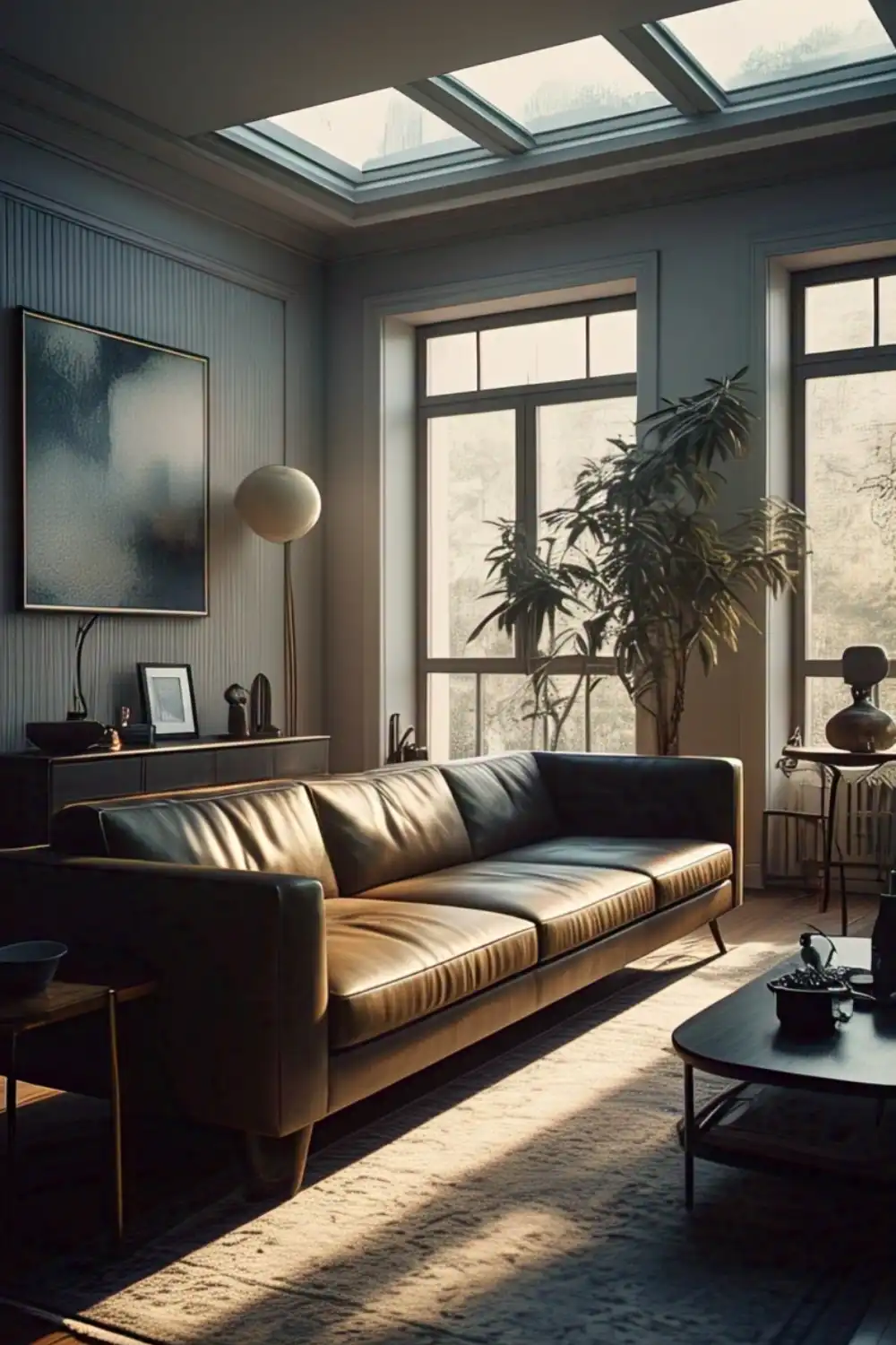 Wabi Sabi living room Modern living room with skylight and leather sofa.