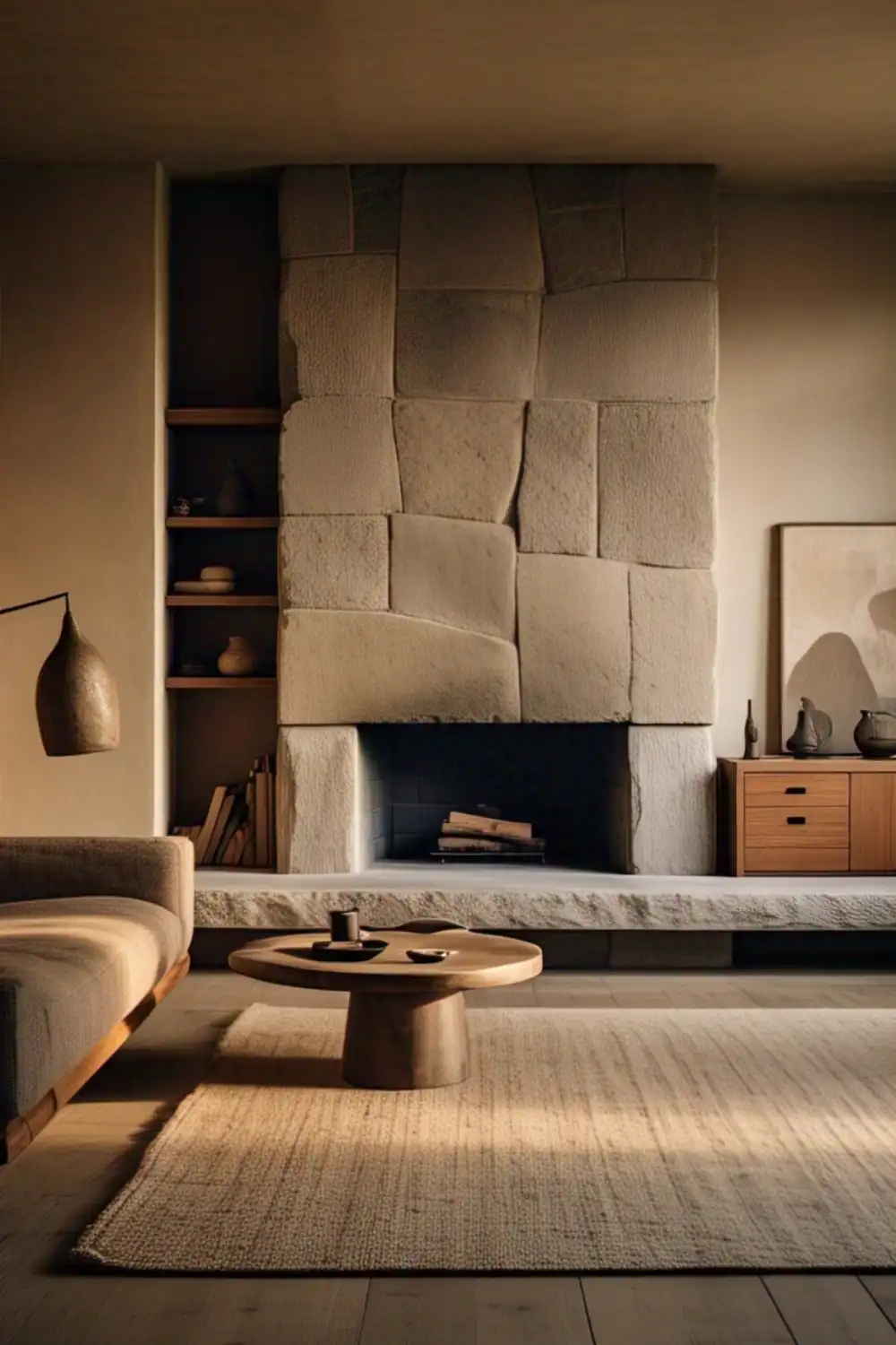 Wabi Sabi living room Minimalist living room with stone fireplace.